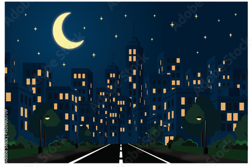 Night Cityscape with Illuminated Buildings and Trees