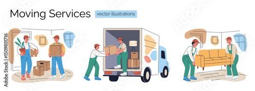 Set of moving services with workers and movers carrying boxes, loading and unloading truck, lifting furniture. Flat cartoon composition, vector illustration for service ads, websites, and flyers