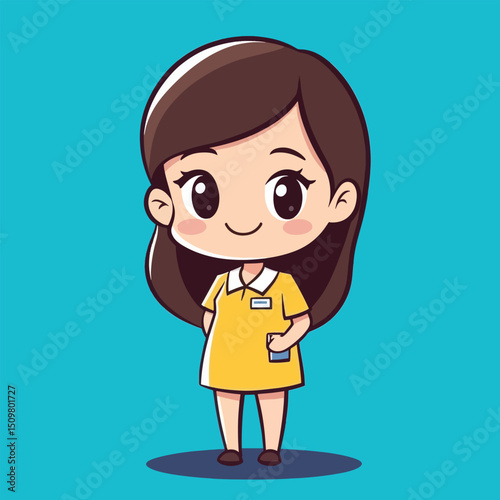 Cheerful Cartoon Girl in Yellow Dress and Name Tag