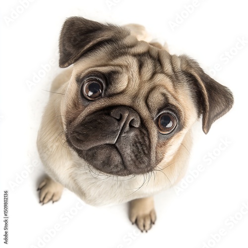 Cute pug puppy dog looking up adorable pet animal canine breed small face eyes fawn funny domestic friend 100