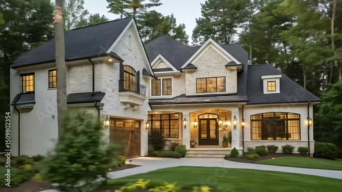 Luxury stone house exterior at dusk in wooded setting