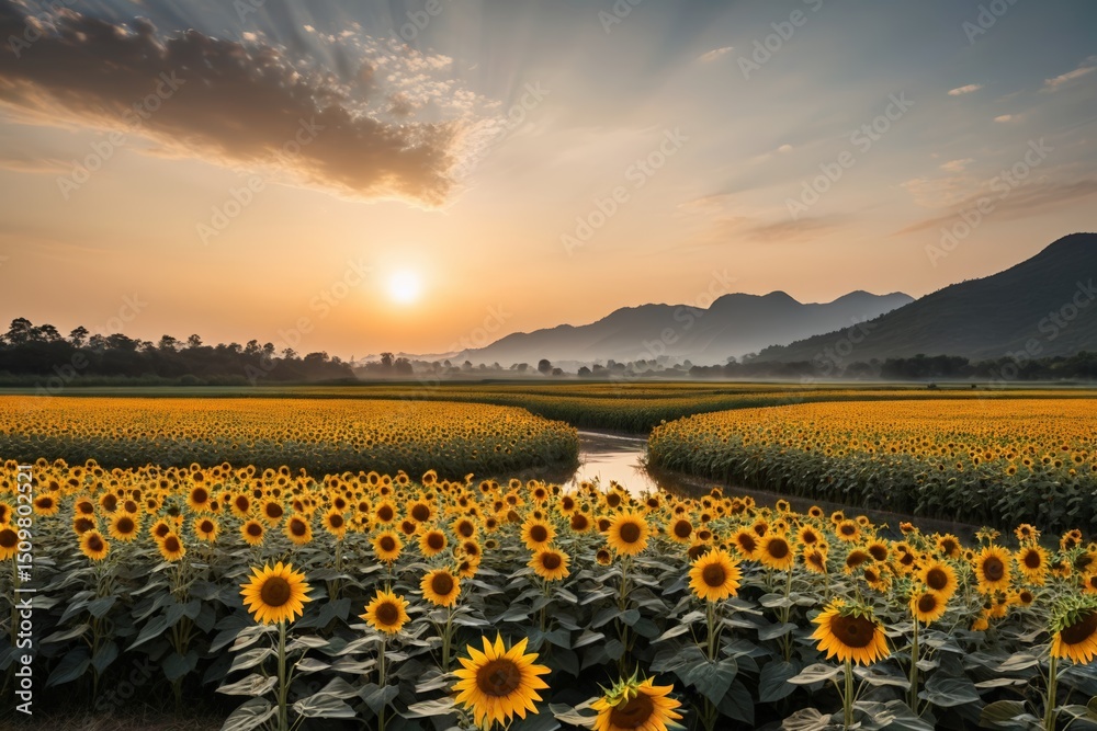 Obraz premium arafed sunflowers in a field with a stream running through it