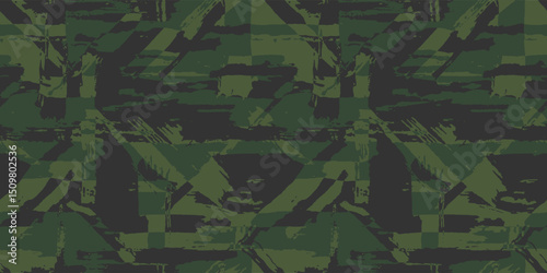 Green camouflage, modern fashion design. Khaki camo made brush strokes hand draws texture. Abstract seamless hand drawn background with stroke line. Grunge glitch pattern. Vector