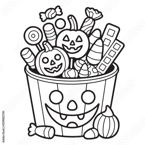 Kawaii Halloween Candy Bucket with Smiling Treats – Fun Trick-or-Treat Coloring Page for Kids