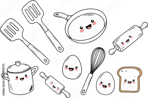 Smiling kitchen tools, all with happy faces, arranged playfully