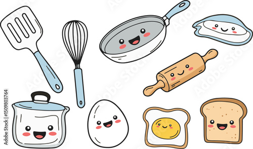 Smiling kitchen tools, all with happy faces, arranged playfully