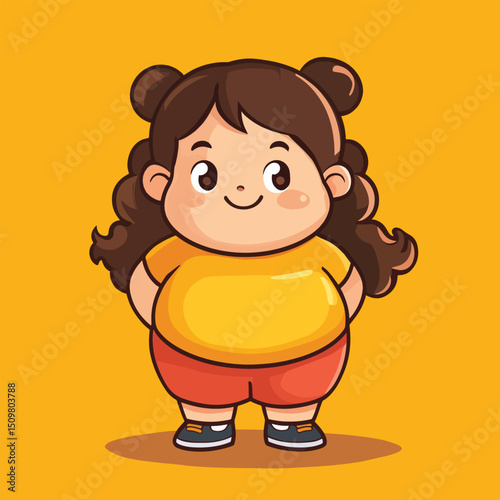 Cheerful Cartoon Girl with Pigtails and a Yellow Shirt