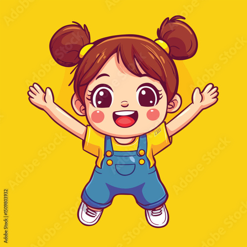 Cheerful Cartoon Girl with Pigtails and Blue Overalls Reaching Upward