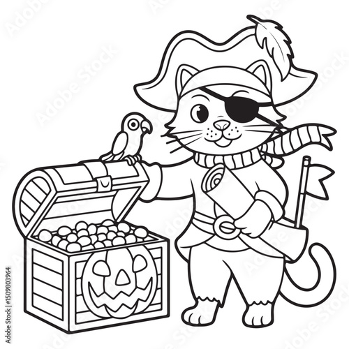 Pirate Cat with Treasure Chest of Halloween Candy - Line Art Coloring Page