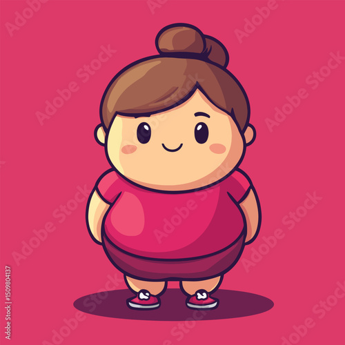 Cheerful Cartoon Girl with Topknot and Pink Outfit