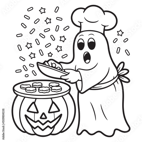 Ghost Chef Baking Halloween Cookies in a Jack-o’-Lantern Oven – Funny Festive Coloring Sheet
