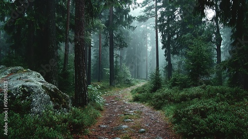 forest, fog, path, rocks, wide-angle, dark green, mysterious, natural light, low contrast, high-resolution
