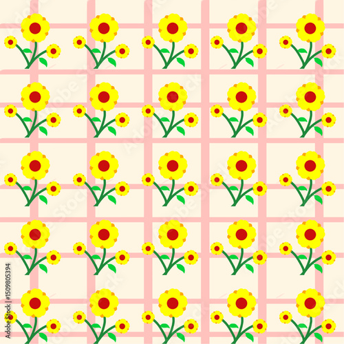 Seamless Floral Grid Pattern with Yellow Blossoms on Pastel Background
