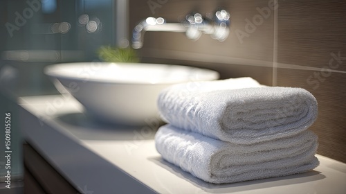 Modern bathroom vanity with neatly stacked fresh towels and clean countertop, captured in soft diffused lighting with shallow depth of field for a calm and minimal interior aesthetic


