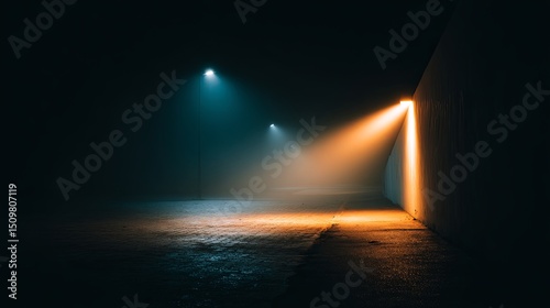 Moody urban alley illuminated by single spotlight with dramatic light and shadow contrast, cinematic foggy atmosphere and soft depth from wide aperture lens.

