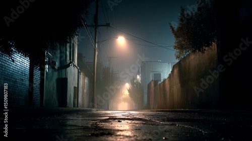 Moody urban alley illuminated by single spotlight with dramatic light and shadow contrast, cinematic foggy atmosphere and soft depth from wide aperture lens.

