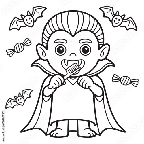 Happy Vampire Boy with Bats and Candy – Adorable Halloween Coloring Sheet