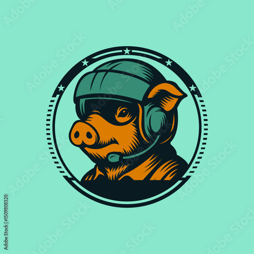 Aviator Pig in a Retro Circle Logo
