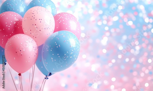 Pink and blue balloons and confetti background with copy space for festive gender reveal party or baby shower backdrop