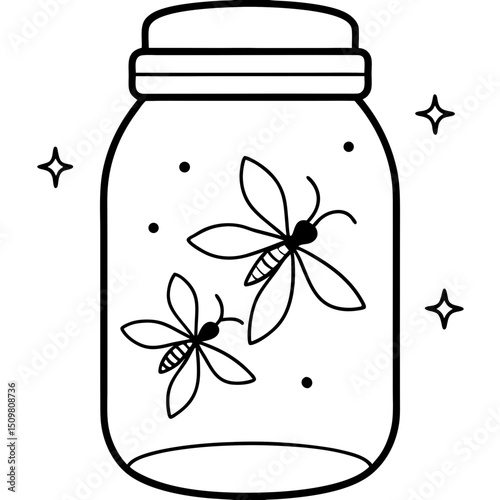 Fireflies in a jar line art vector illustration 