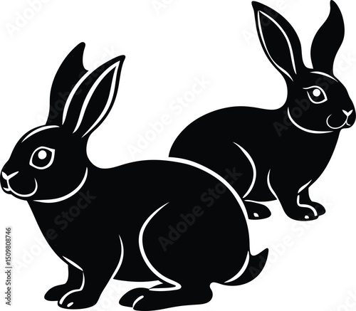 Two Black Rabbits Sitting in a Simple Vector Illustration