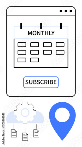 Monthly calendar with subscription button, cloud gear managing document files, and geolocation pin. Ideal for subscription services, scheduling, cloud computing, geolocation, application development
