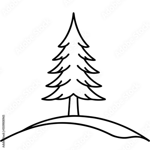Lonely pine tree on hill line art vector illustration 