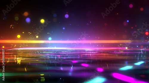 Dynamic neon-lit dance floor scene with abstract light trails, vibrant gradients, atmospheric club lighting, and glowing particles in blurred background