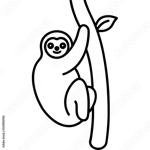 Sloth hanging from tree line art vector illustration