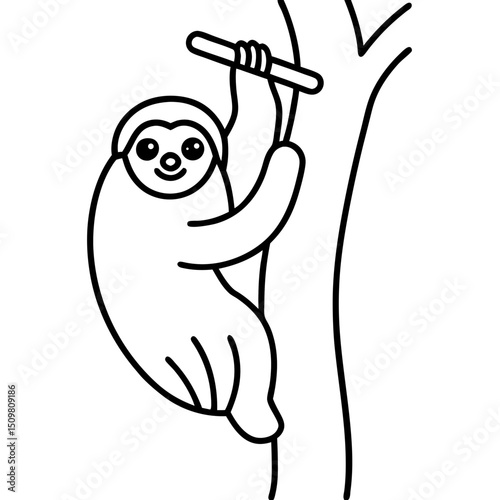 Sloth hanging from tree line art vector illustration