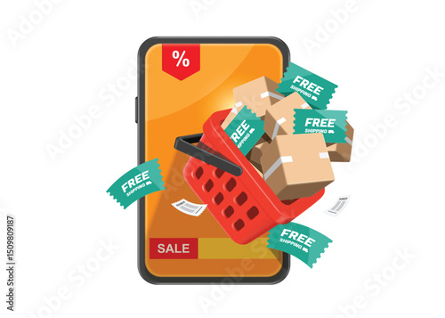 Several parcel boxes or cardboard boxes and a green free shipping promotional sign or tag label placed in a red shopping basket to create advertising media for online shopping and delivery concept