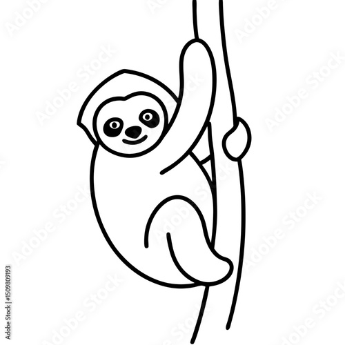 Sloth hanging from tree line art vector illustration