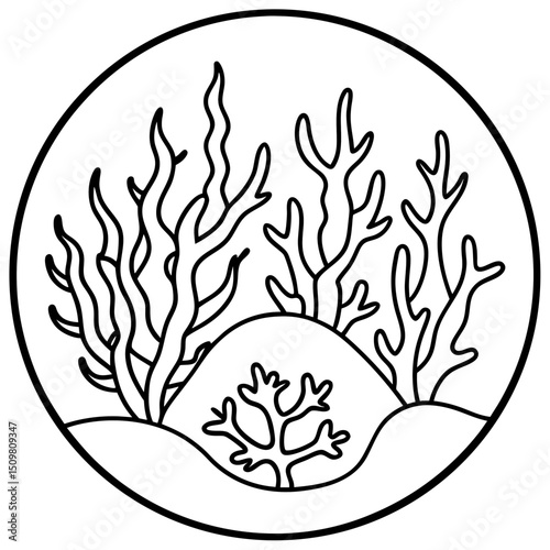 Underwater coral reef scene line art vector illustration