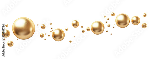 Collection of floating shiny golden metallic spheres and balls of various sizes floating, isolated on transparent background