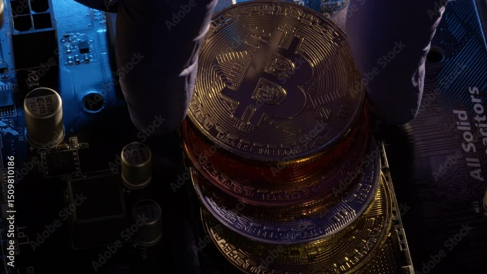 bitcoin btc coins in cpu central processor socket on digital pc motherboard, mining crypto currency