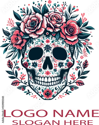 Floral Skull Sublimation Clipart Logo icon Vector .