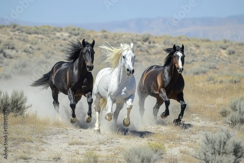 Mustang Running. Three Wild Horses Galloping in the Desert Landscape