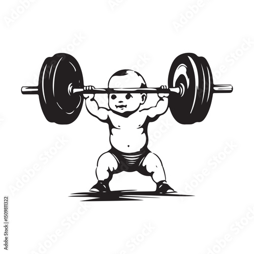 Humorous image of a strong baby lifting a heavy barbell with joyful determination image vector