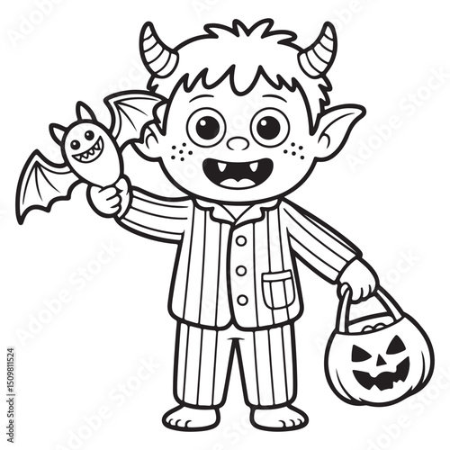 Little Devil Boy with Bat Toy and Pumpkin Bucket – Cute Halloween Coloring Page