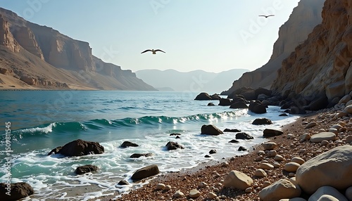 Coastal Beach Scene with Rocky Shoreline and Seagulls Flying Over Ocean