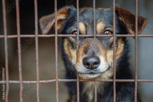 Stray homeless dog in animal shelter cage with a sad abandoned hungry dog behind old rusty grid of the cage in shelter for homeless animals