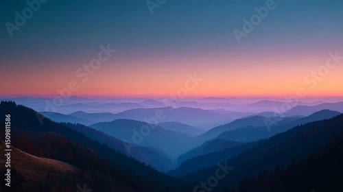 Serene mountain landscape at sunrise with warm atmospheric light and tranquil scenery in early morning nature