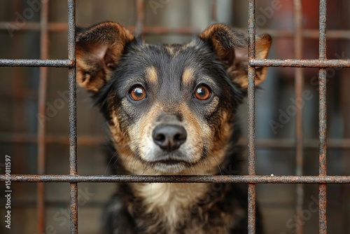 Stray homeless dog in animal shelter cage with a sad abandoned hungry dog behind old rusty grid of the cage in shelter for homeless animals