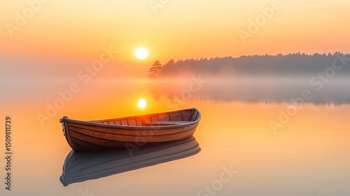 Serene sunrise over still water with a small boat.