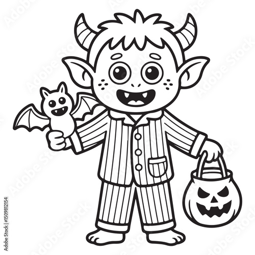 Little Devil Boy with Bat Toy and Pumpkin Bucket – Cute Halloween Coloring Page