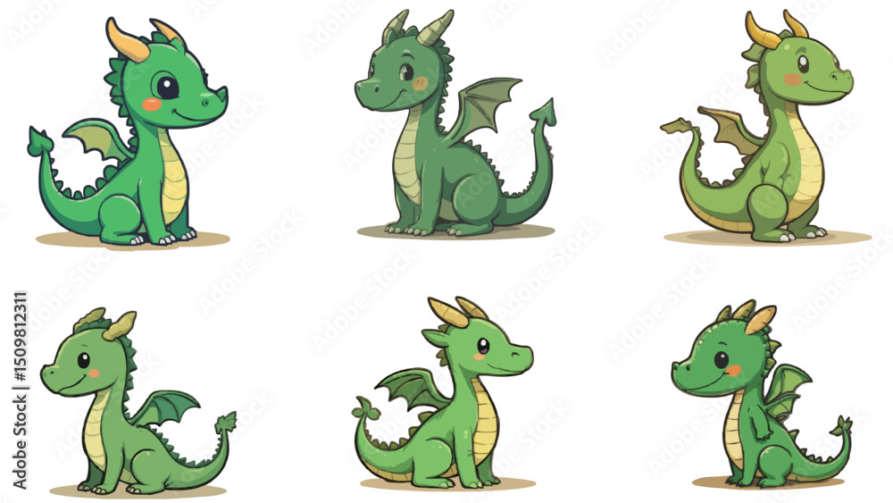 Naklejka premium Cute Green Dragon Illustration - Fantasy Creature Art