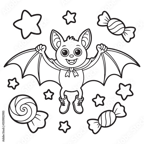 Smiling Bat Flying Among Stars and Candy - Halloween Line Art Coloring Page