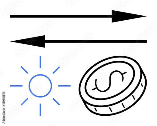 Blue sun represents solar energy, arrows convey energy flow, and coin highlights economic benefits. Ideal for sustainability, green energy, investment, eco-economy, environment, efficiency