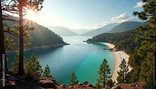 Serene Mountain Lake with Forested Shoreline Under Bright Sunlight