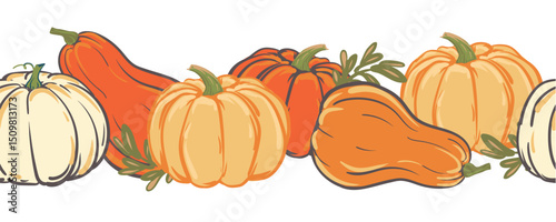 Vector seamless border of colorful pumpkins, Halloween decoration. Pattern with autumn pumpkins for Halloween party invitations, Thanksgiving day design.